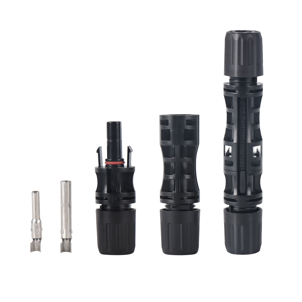 MC4-style solar connector set rated 1500V DC and 30A with male and female housings and crimp contacts