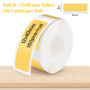 Yellow roll containing 150 rounded rectangular labels measuring 12 × 40 mm