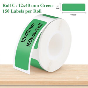 Green roll containing 150 rounded rectangular labels measuring 12 × 40 mm