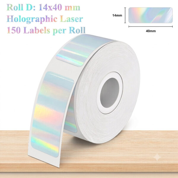 Roll of 150 holographic laser-color labels measuring 14 × 40 mm