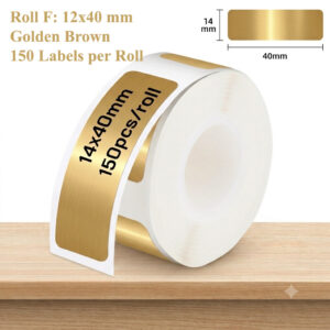 Roll of 150 golden brown rounded rectangular labels measuring 14 × 40 mm