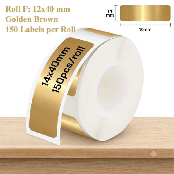 Roll of 150 golden brown rounded rectangular labels measuring 14 × 40 mm