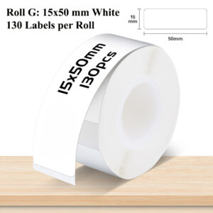 Roll of 130 white rounded rectangular labels measuring 15 × 50 mm