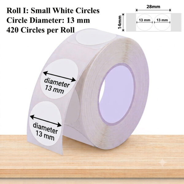 Roll of 420 small white circular labels with 13 mm diameter