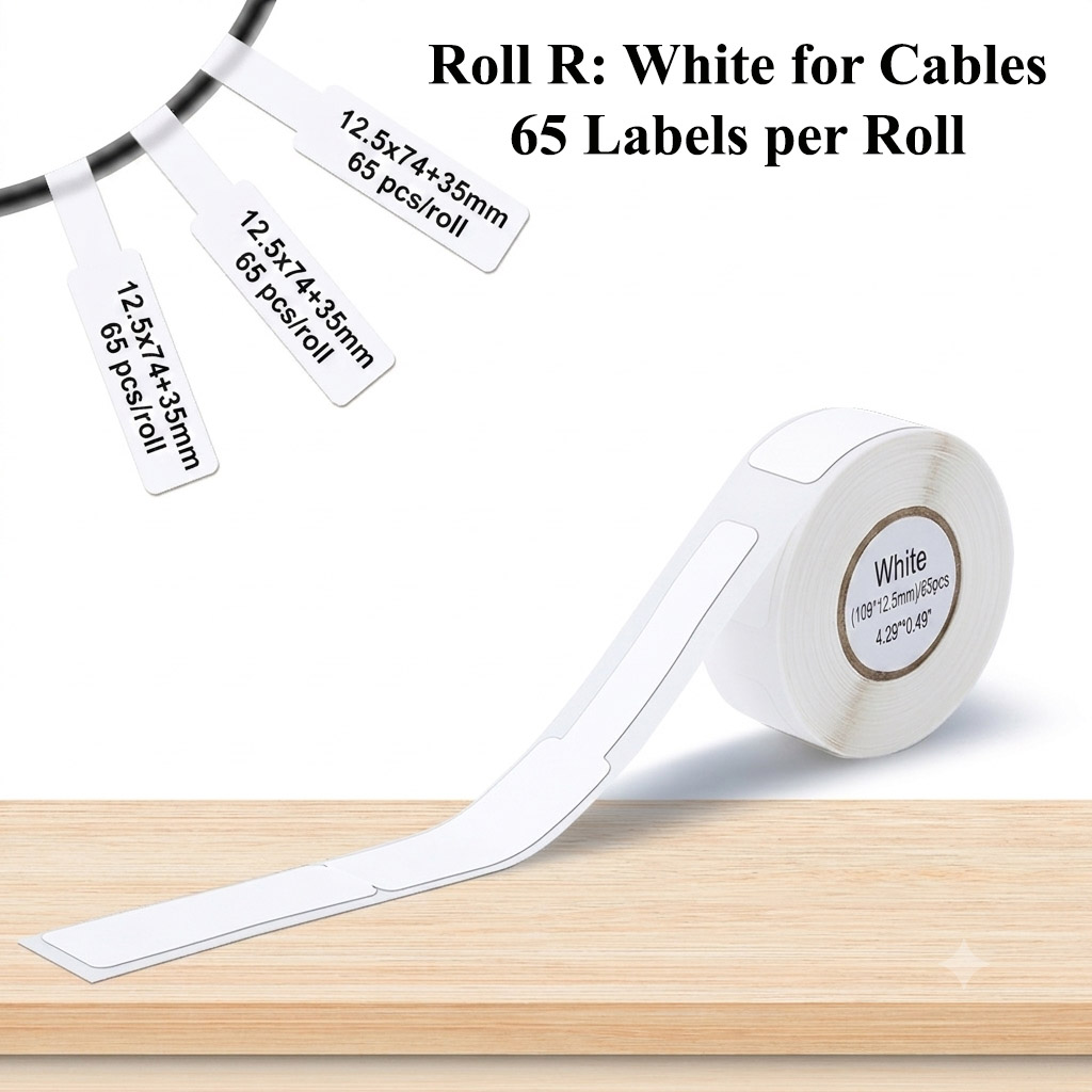 Roll of 65 white self-adhesive labels designed for cable and wire identification