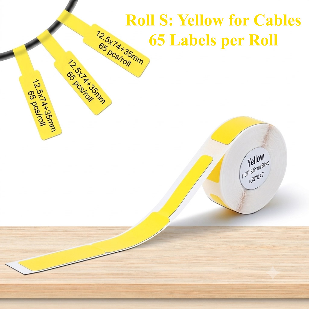 Roll of 65 yellow self-adhesive labels designed for cable and wire identification