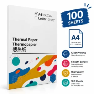 Pack of 100 A4 thermal paper sheets measuring 210 × 297 mm