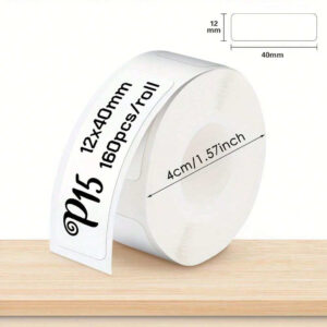 White roll of 160 rounded rectangular labels measuring 12 × 40 mm