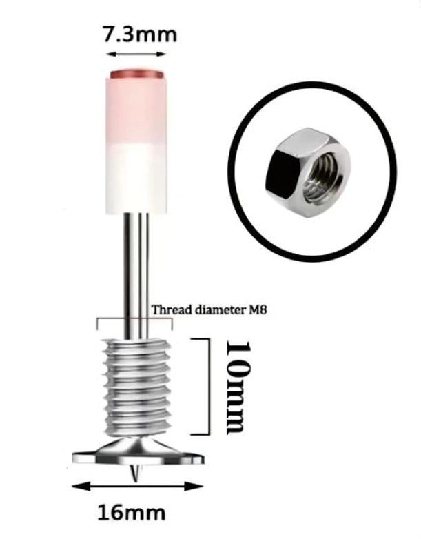 M8 threaded pin nail with 10 mm threaded section, 16 mm round base and 7.3 mm upper sleeve