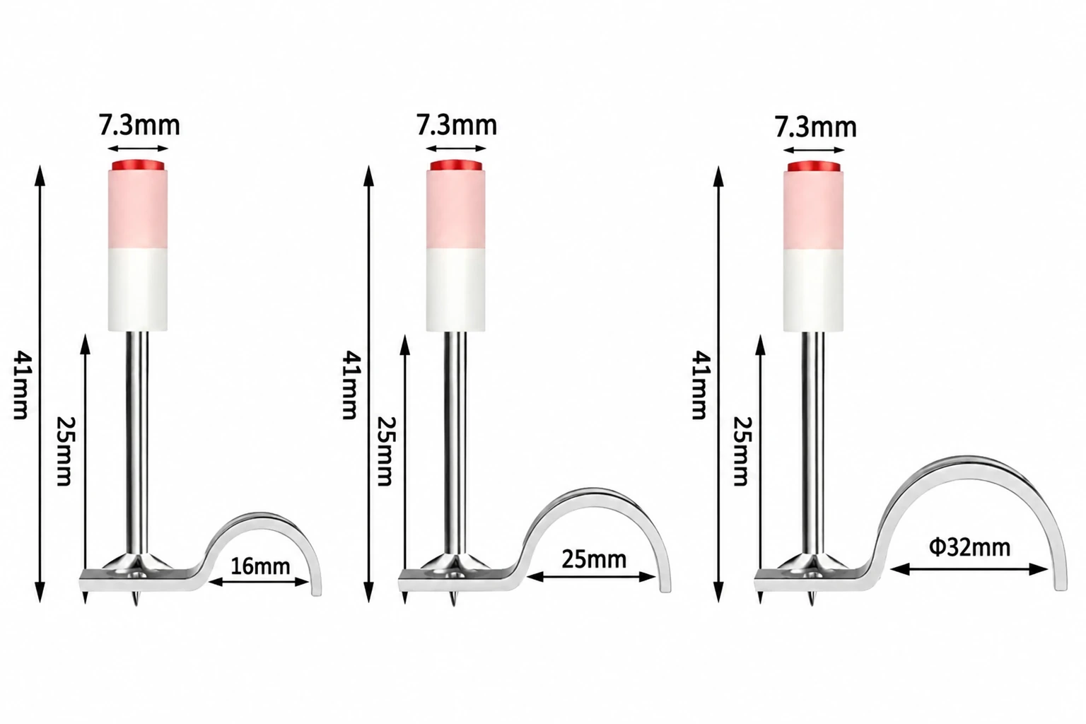 Pipe clip pin nails in 16 mm, 25 mm and 32 mm clip sizes, each with 25 mm length below sleeve and 41 mm overall length